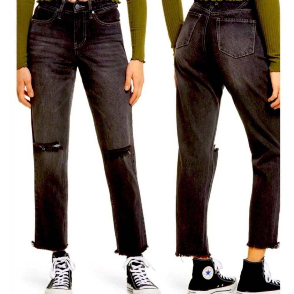 New~Nordstrom BP Mom Jeans High Rise Black Distressed Knees Frayed Hem Size 29
